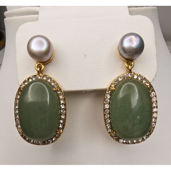 J Crew Large Baldwin Pave Stone Freshwater Pearl Drop Apple Green Earrings - Picture 4 of 5